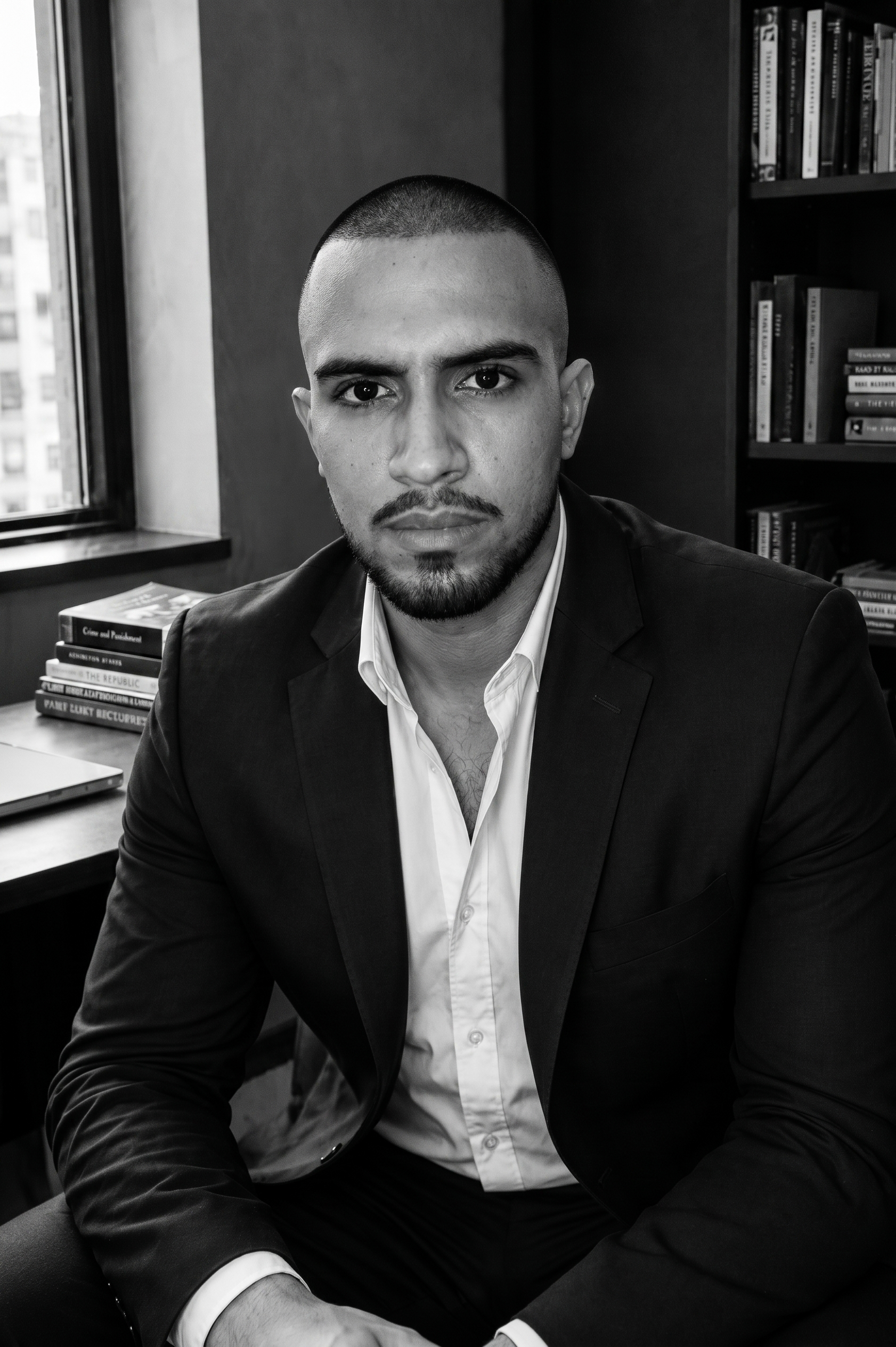 Edward Morrón en su despacho, retrato en blanco y negro